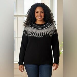 Style & Co Metallic Fair Isle Yoke Knit Sweater Black/Silver Cotton Blend 1X